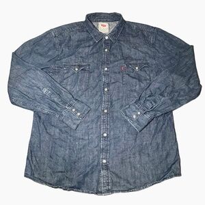 Levi's %100 Cotton Shirt Mens XL Dark Blue Rinse Denim Long Sleeve Pearl Snap